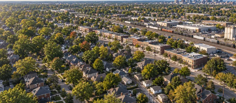Aerial view of a roof in Grandview Heights, OH