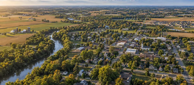 Aerial view of a roof in Plain City, OH