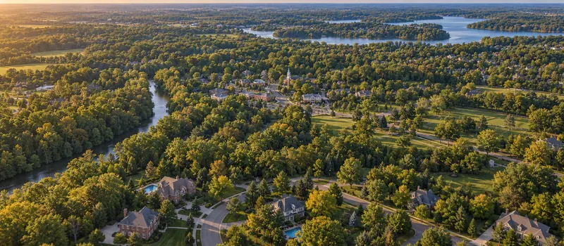 Aerial view of a roof in Powell, OH