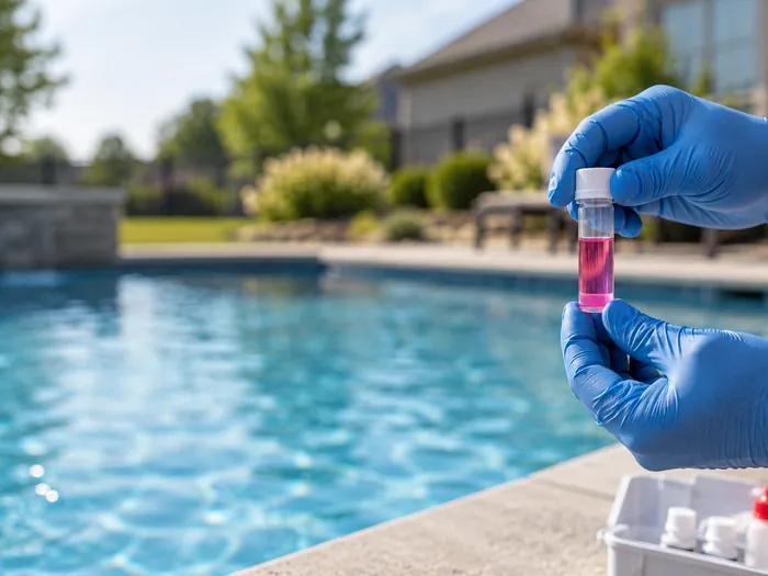 Pool technician working at the equipment pad of a backyard pool in Ohio