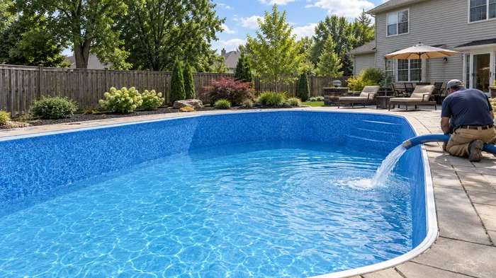 New blue vinyl pool liner being filled with water in a Columbus Ohio backyard