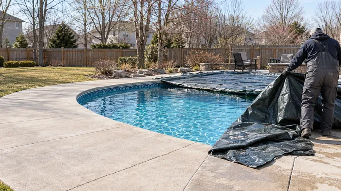 Winter pool cover being pulled off an inground pool in spring in central Ohio