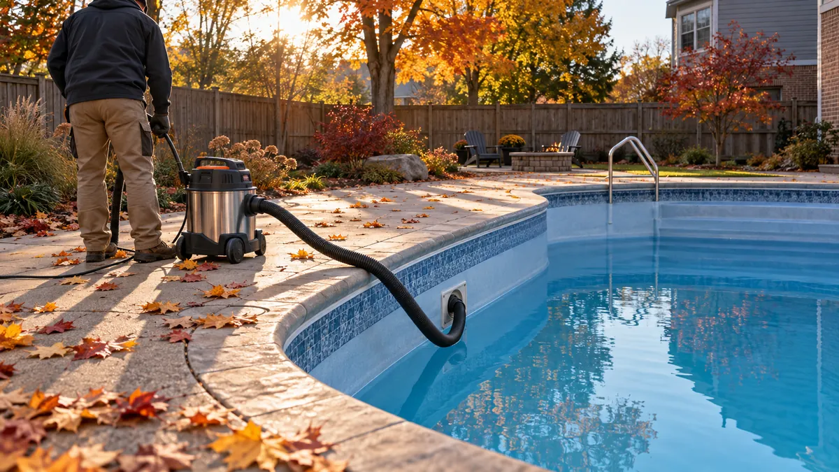 Pool being winterized in autumn with fallen leaves on the deck in Ohio