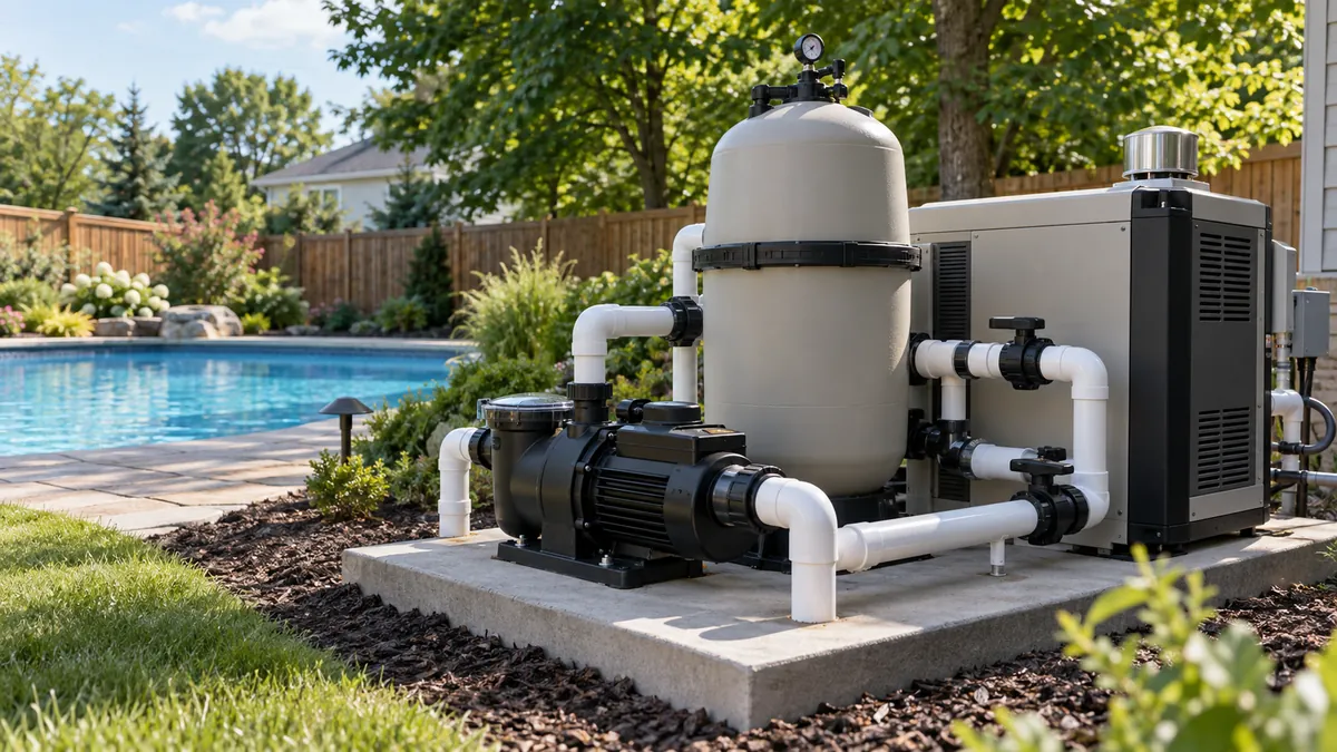 Pool equipment pad with pump, filter and heater beside a backyard pool