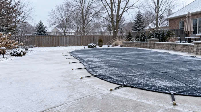 Mesh safety cover anchored over an inground pool in an Ohio backyard in winter