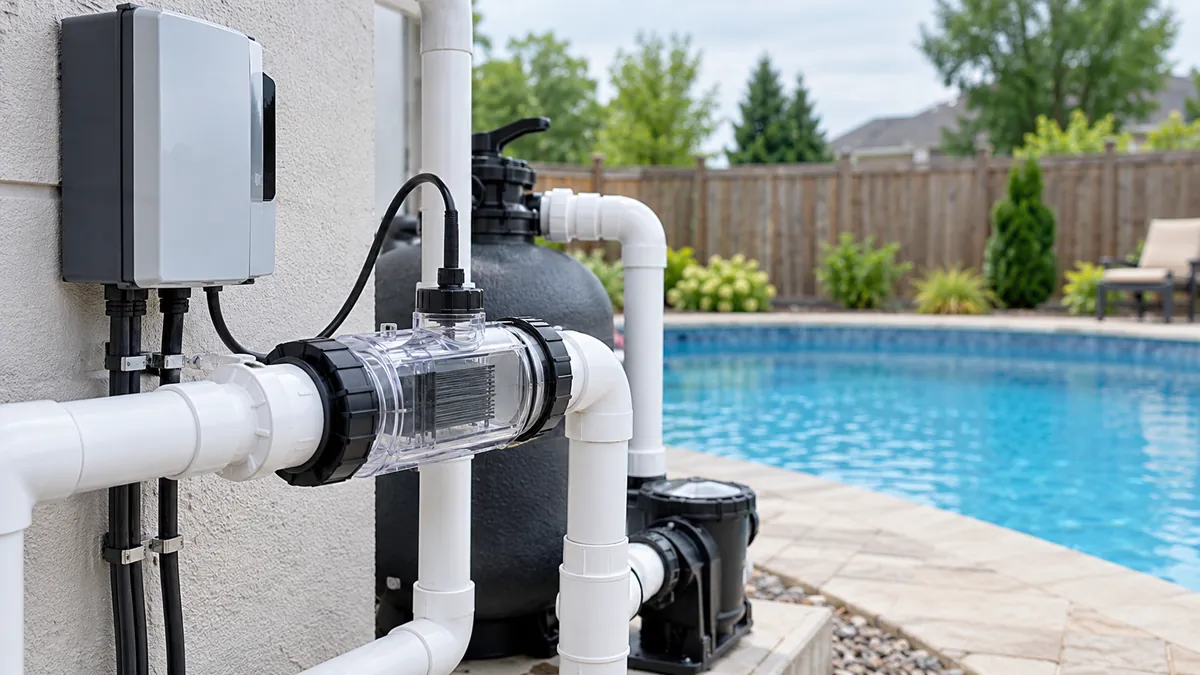 Salt chlorine generator cell mounted on a pool equipment pad