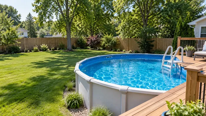 Above ground pool with a deck in a central Ohio backyard