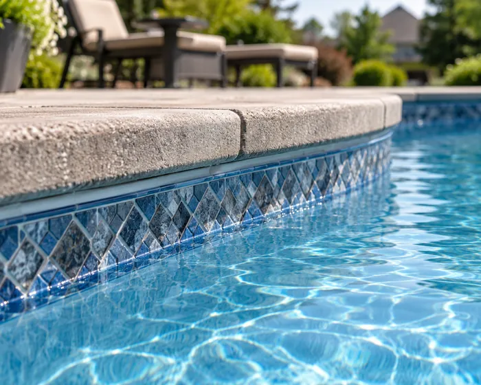 Close view of a new vinyl pool liner meeting the coping with a mosaic tile band at the waterline