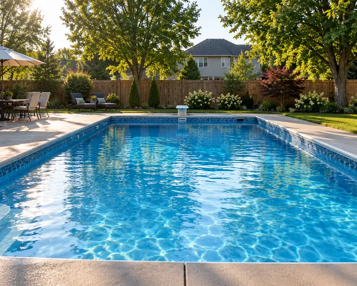 Rectangular inground vinyl liner pool with clear blue water and a diving board in an Ohio backyard