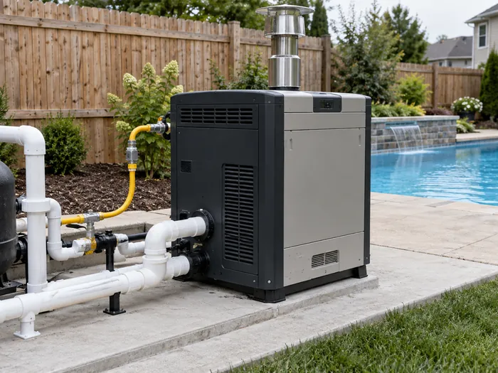 Newly installed gas pool heater on a concrete pad with clean white PVC plumbing