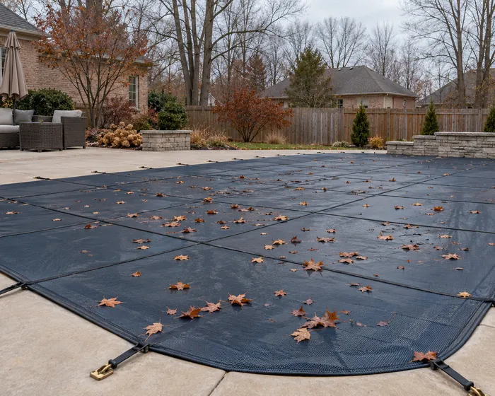 Mesh safety cover strapped to brass deck anchors across an inground pool in late autumn
