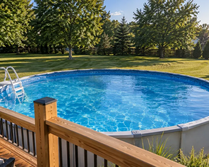Above ground pool with a fresh blue liner and a wooden deck in a central Ohio backyard